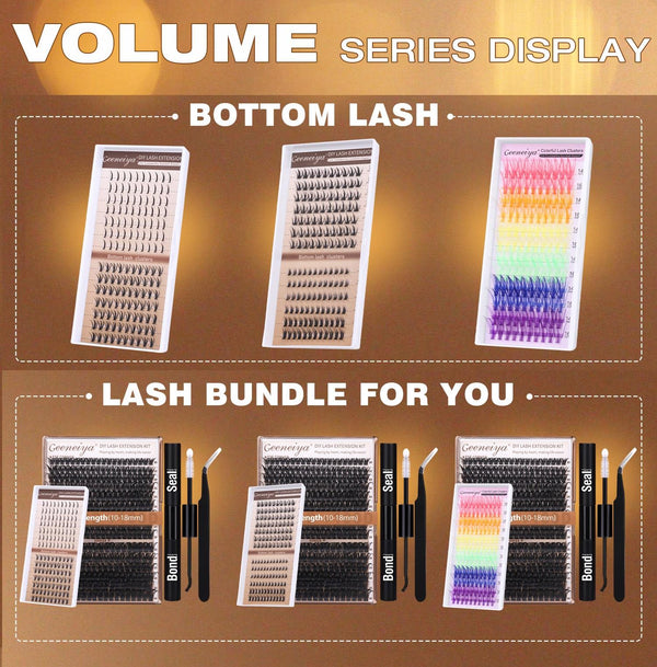 Geeneiya Volume Lash Clusters Kit with Bottom Lashes DIY Lash Extension Kit D Curvature