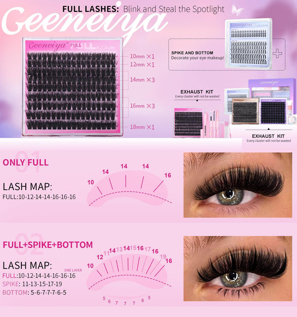 Geeneiya Exhuast 5 Styles Lash Clusters Kit Volume/ Mega/ Full/ Bottom Eyelash Clusters Extensions